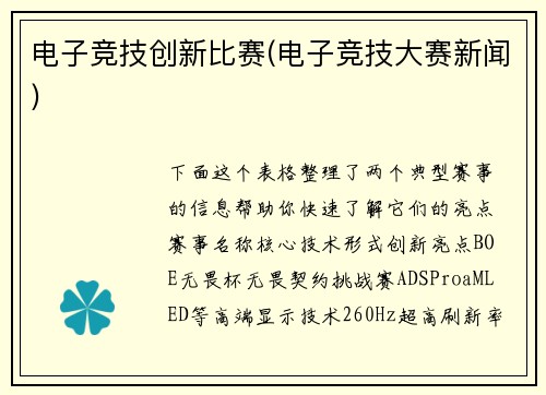 电子竞技创新比赛(电子竞技大赛新闻)
